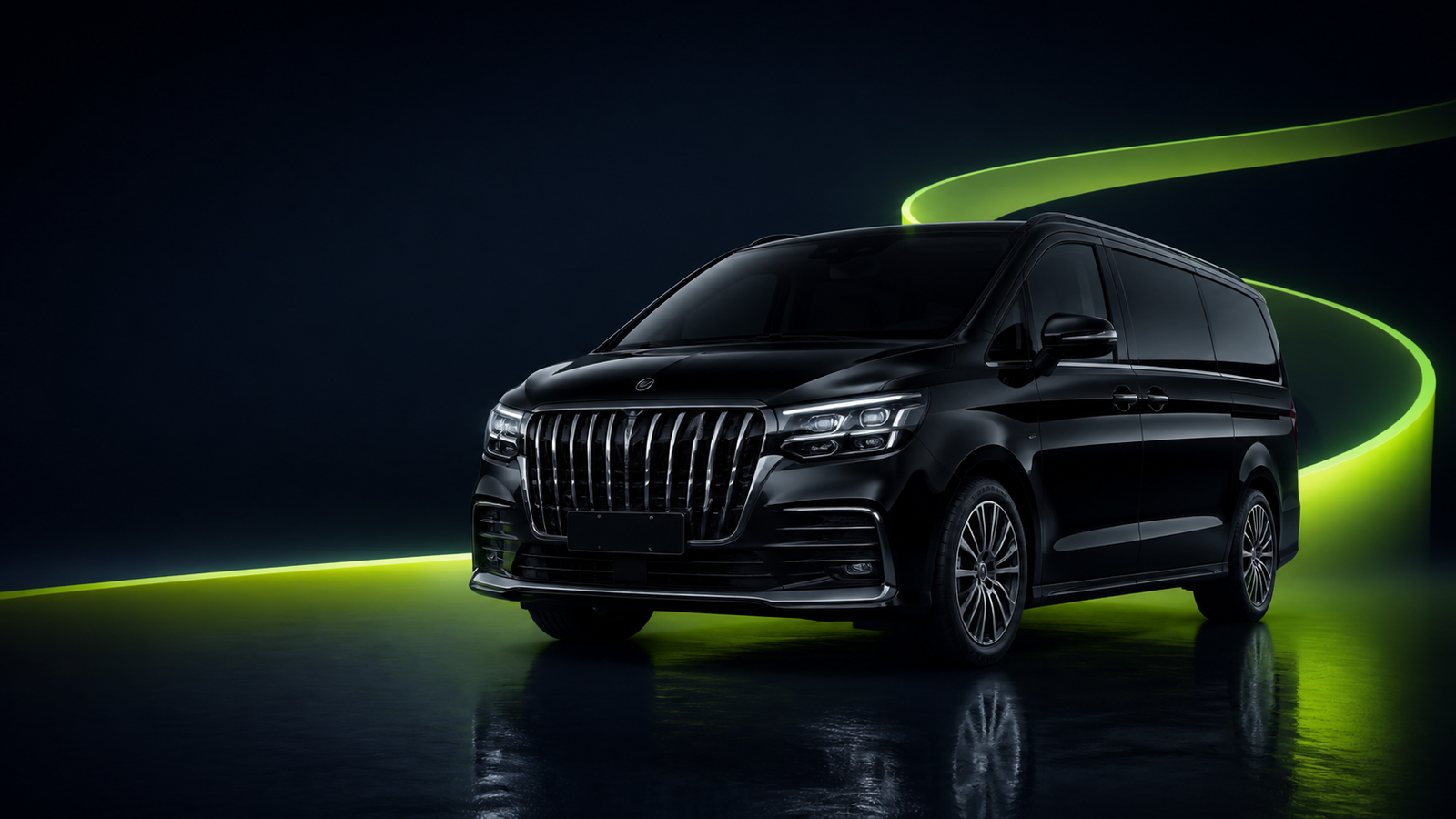Siyah VIP minivan ve lime rota ışığı; temsili 3D tasarım